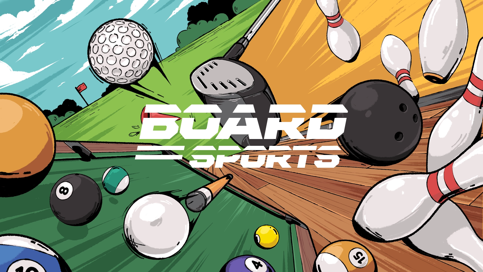 Board Sports artwork showing golf, pool and bowling